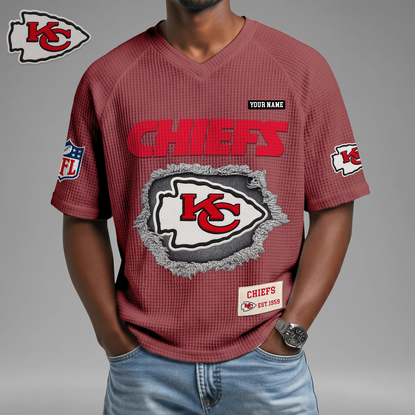 PREMIUM NFL X KC Game Day Waffle V-neck T-shirt 110626