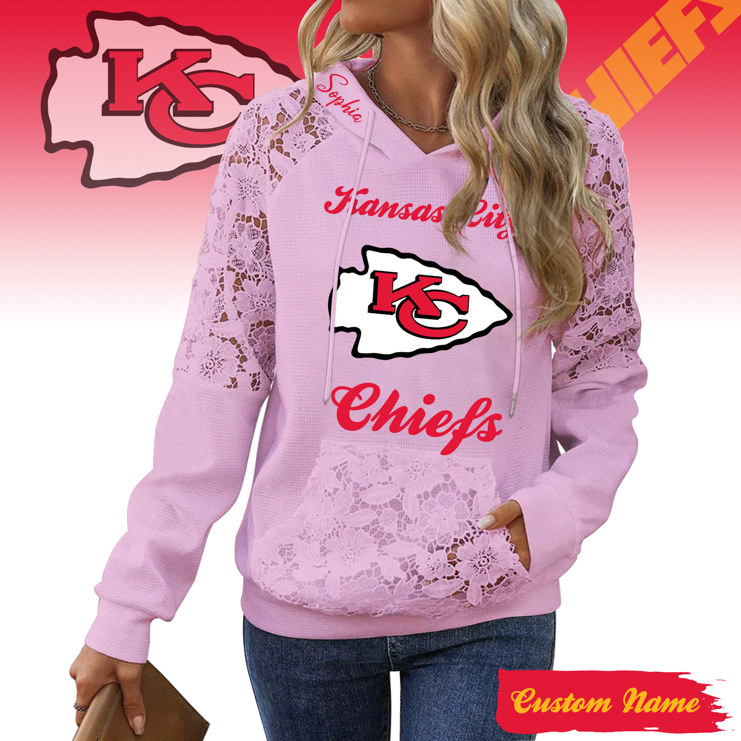 PREMIUM NFL X KCC Women's Lace Paneled Waffle Hoodie With Pockets SHIRT NDT TDT