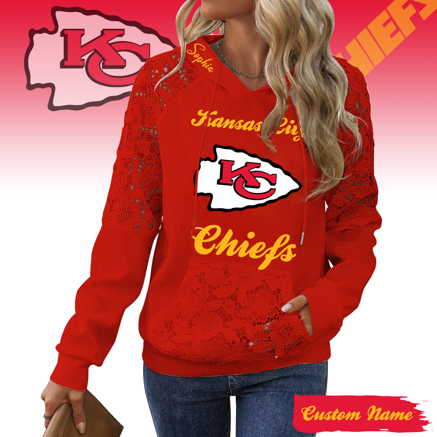 PREMIUM NFL X KCC Women's Lace Paneled Waffle Hoodie With Pockets SHIRT NDT TDT