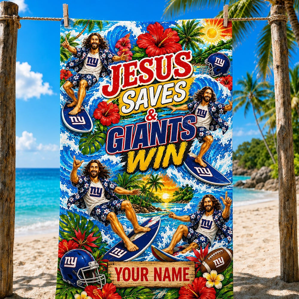 PREMIUM NFL X NYG Funny Jesus Surfing Beach Towel Custom Name For Summer Holiday 190526