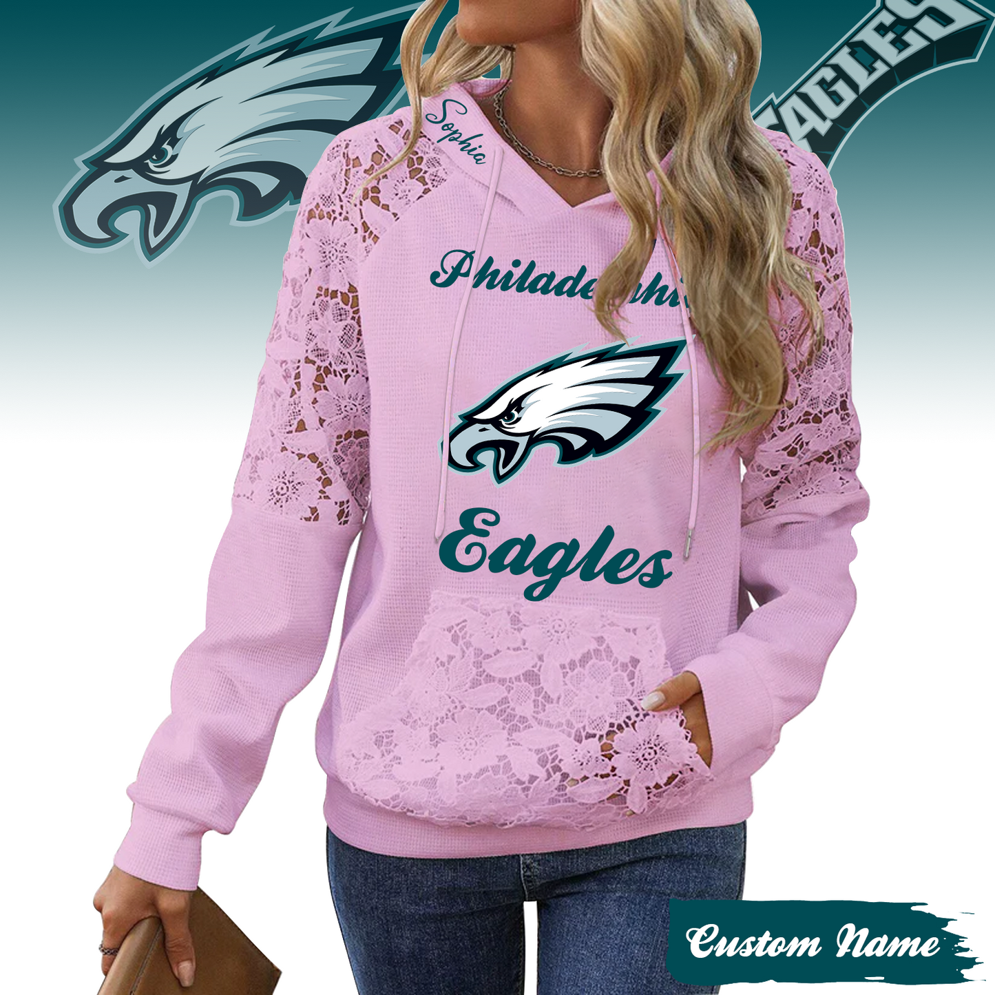 PREMIUM NFL X PHI Women's Lace Paneled Waffle Hoodie With Pockets SHIRT NDT TDT