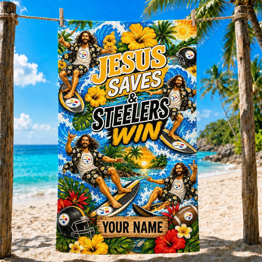 PREMIUM NFL X PIT Funny Jesus Surfing Beach Towel Custom Name For Summer Holiday 190526