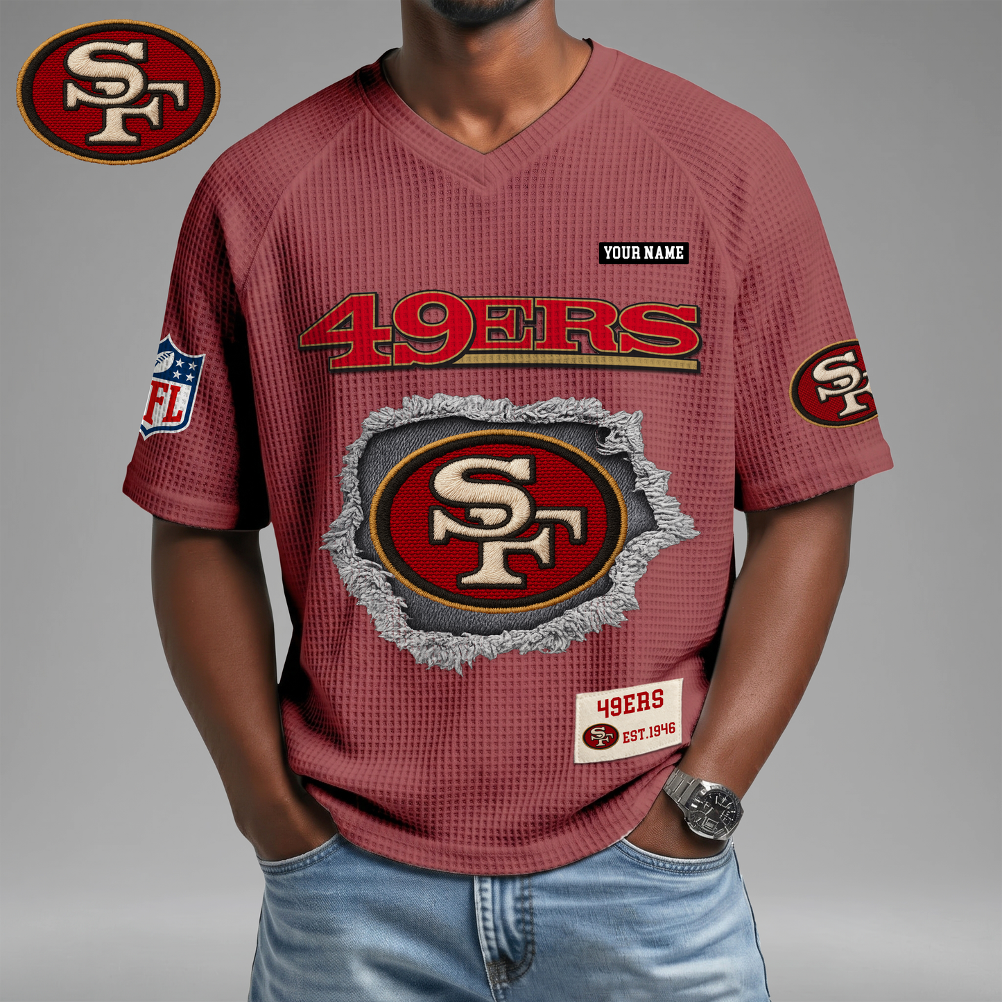 PREMIUM NFL X SF Game Day Waffle V-neck T-shirt 110626