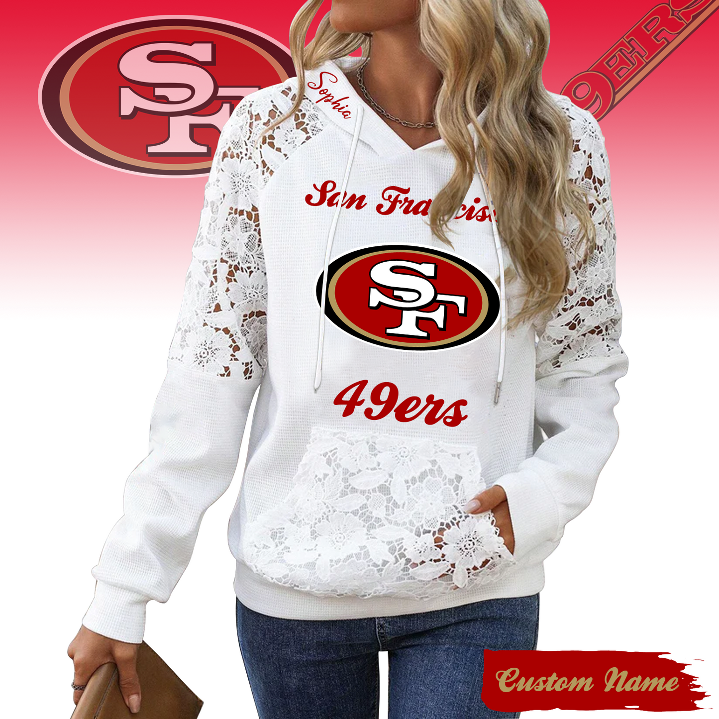 PREMIUM NFL X SF Women's Lace Paneled Waffle Hoodie With Pockets SHIRT NDT TDT