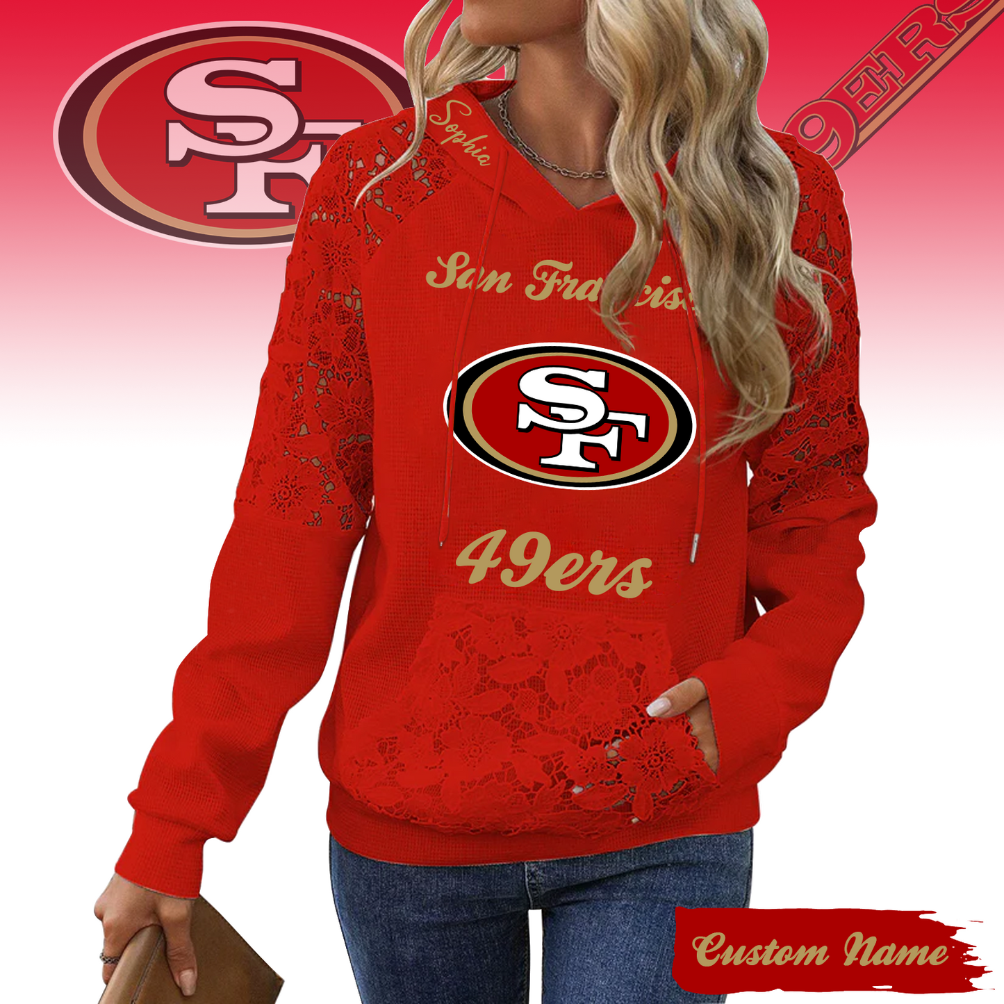 PREMIUM NFL X SF Women's Lace Paneled Waffle Hoodie With Pockets SHIRT NDT TDT