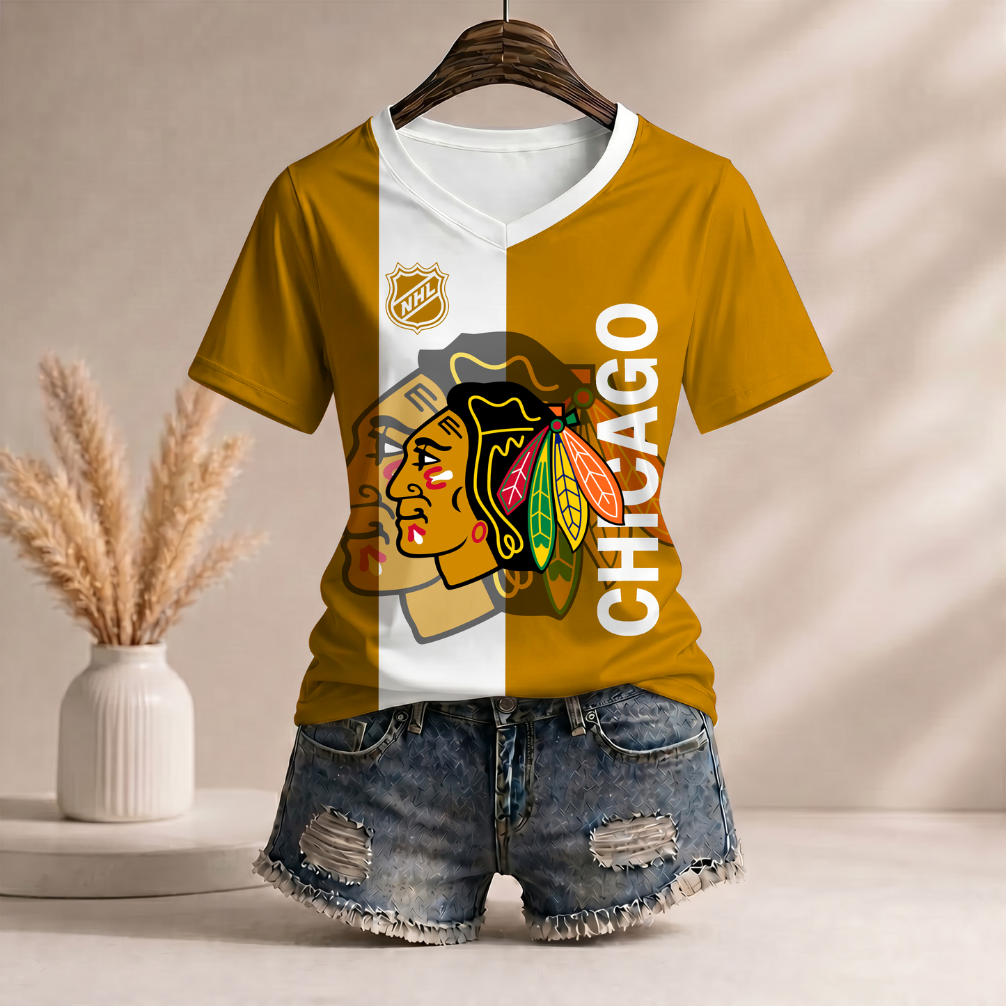 PREMIUM NHL X CB WomenŸ??s Casual Loose Stripe V-Neck T-Shirt NDT VHM 290526