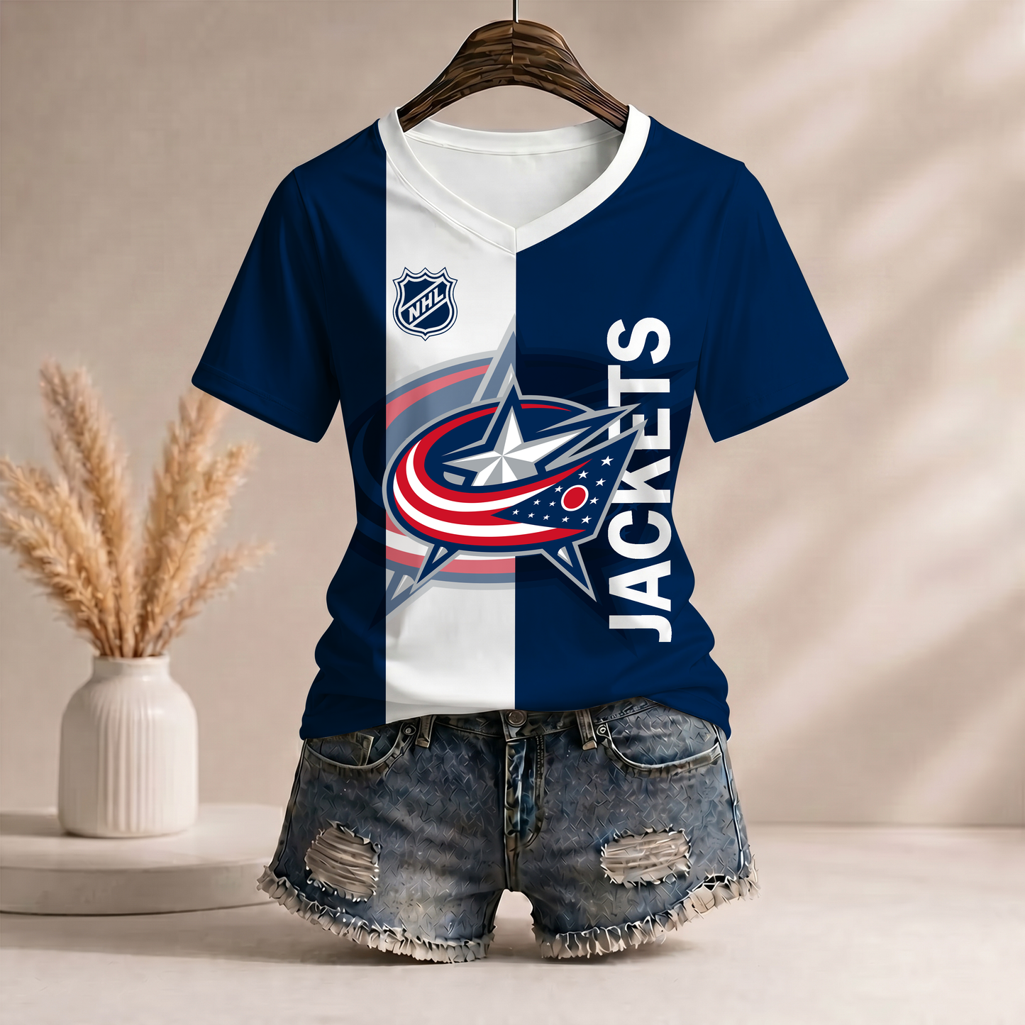 PREMIUM NHL X CBJ WomenŸ??s Casual Loose Stripe V-Neck T-Shirt NDT VHM 290526