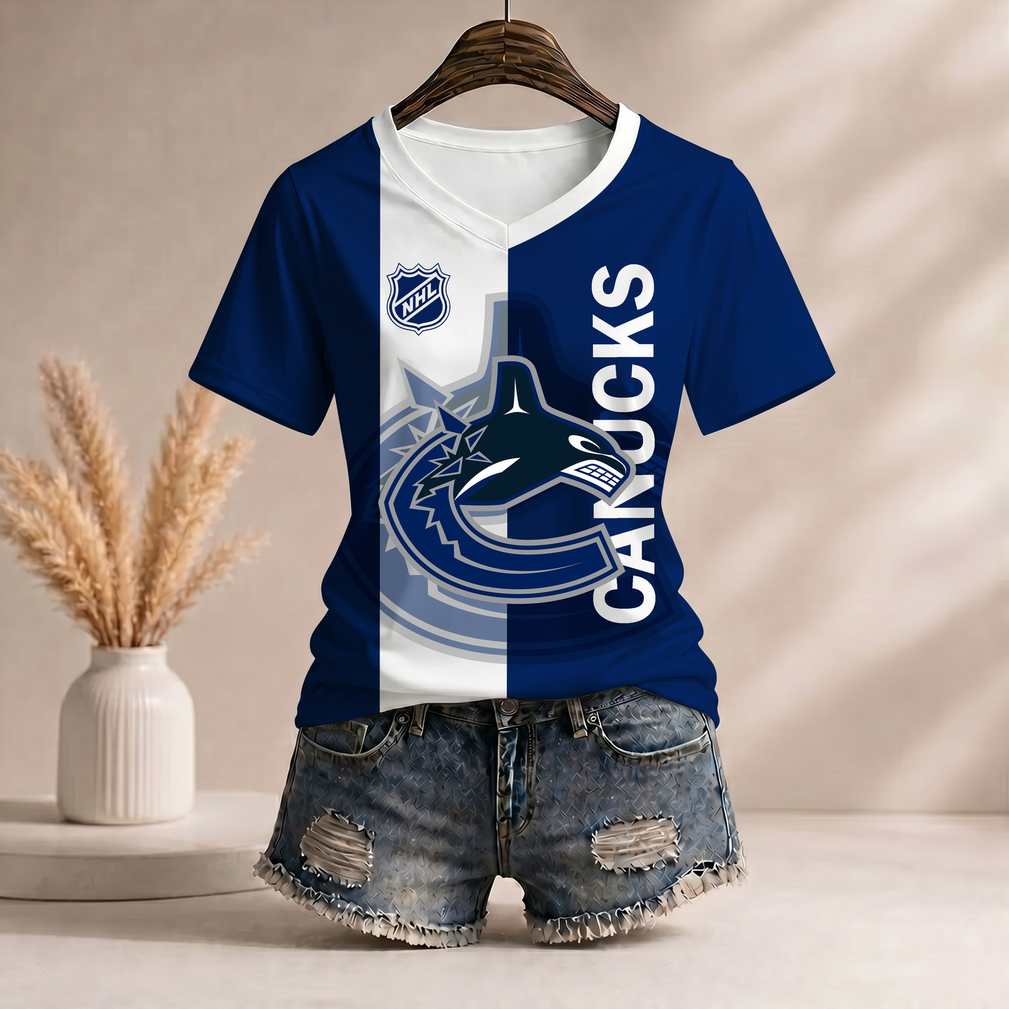 PREMIUM NHL X CV WomenŸ??s Casual Loose Stripe V-Neck T-Shirt NDT VHM 290526