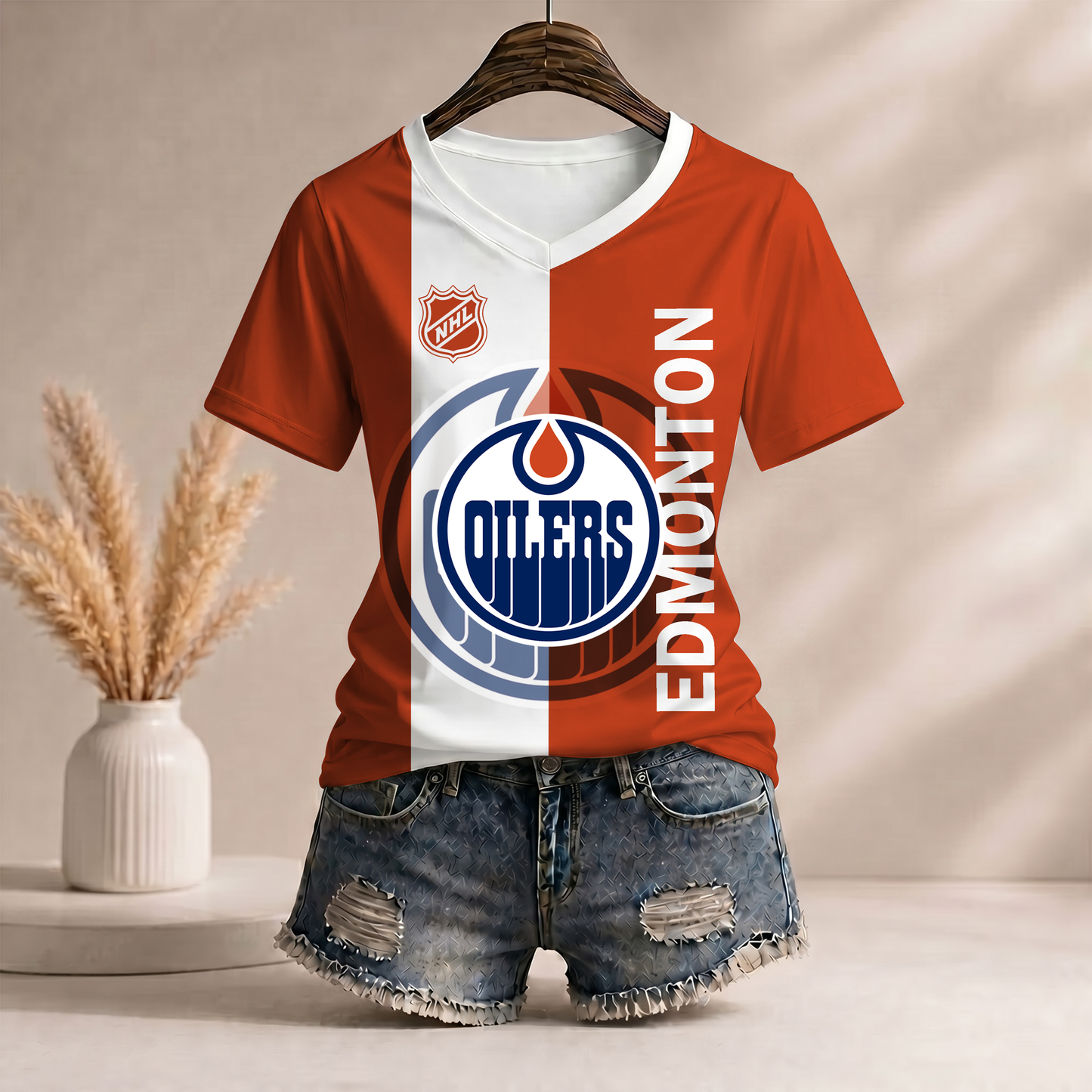 PREMIUM NHL X EO WomenŸ??s Casual Loose Stripe V-Neck T-Shirt NDT VHM 290526