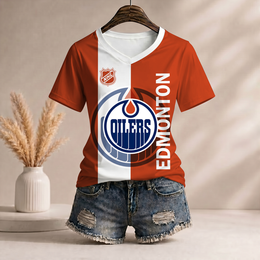 PREMIUM NHL X EO WomenŸ??s Casual Loose Stripe V-Neck T-Shirt NDT VHM 290526