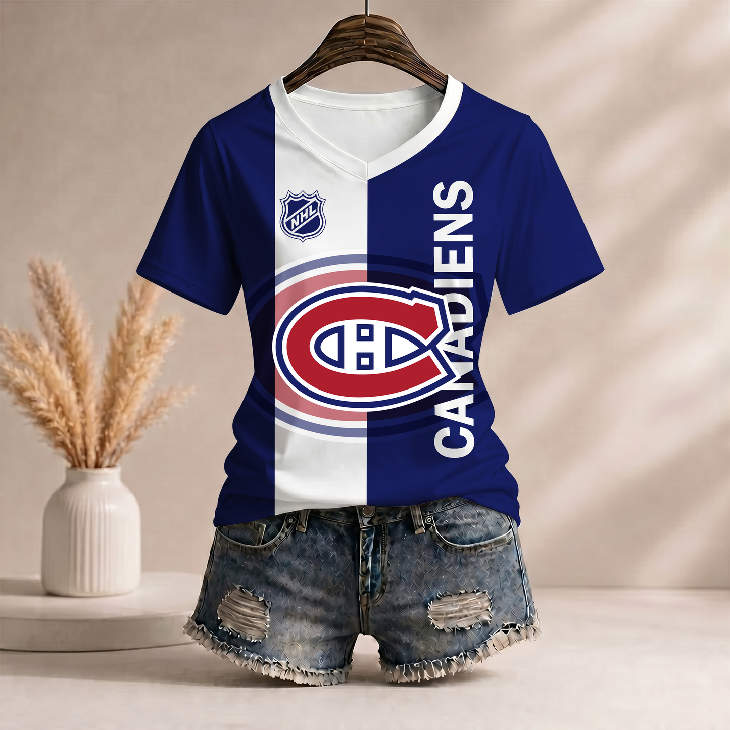 PREMIUM NHL X MC WomenŸ??s Casual Loose Stripe V-Neck T-Shirt NDT VHM 290526
