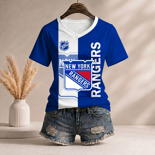 PREMIUM NHL X NYR WomenŸ??s Casual Loose Stripe V-Neck T-Shirt NDT VHM 290526