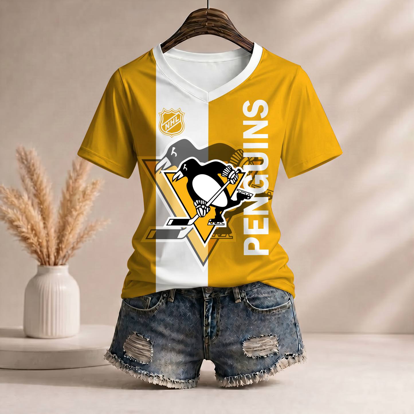 PREMIUM NHL X PP WomenŸ??s Casual Loose Stripe V-Neck T-Shirt NDT VHM 290526