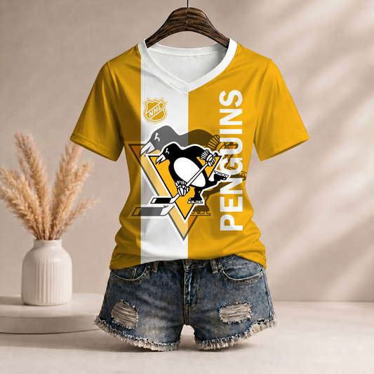 PREMIUM NHL X PP WomenŸ??s Casual Loose Stripe V-Neck T-Shirt NDT VHM 290526