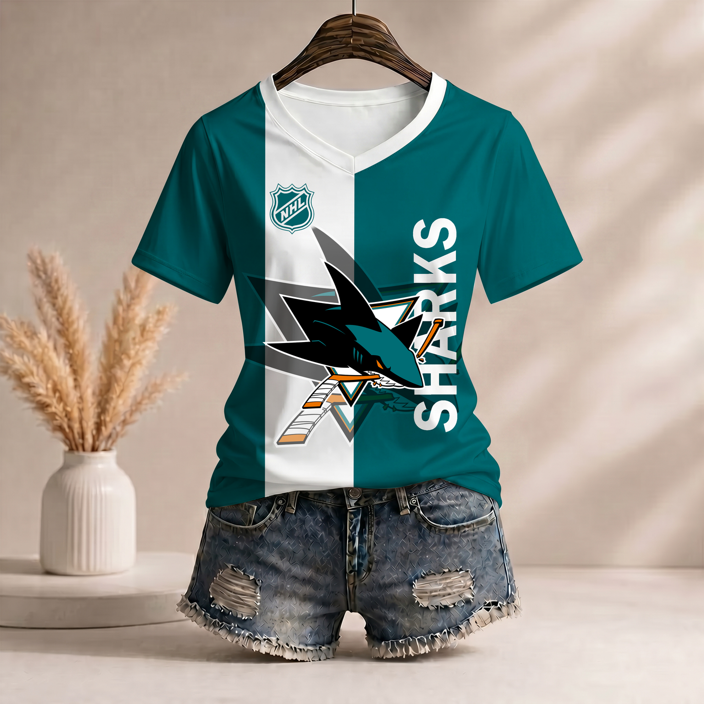 PREMIUM NHL X SJS WomenŸ??s Casual Loose Stripe V-Neck T-Shirt NDT VHM 290526
