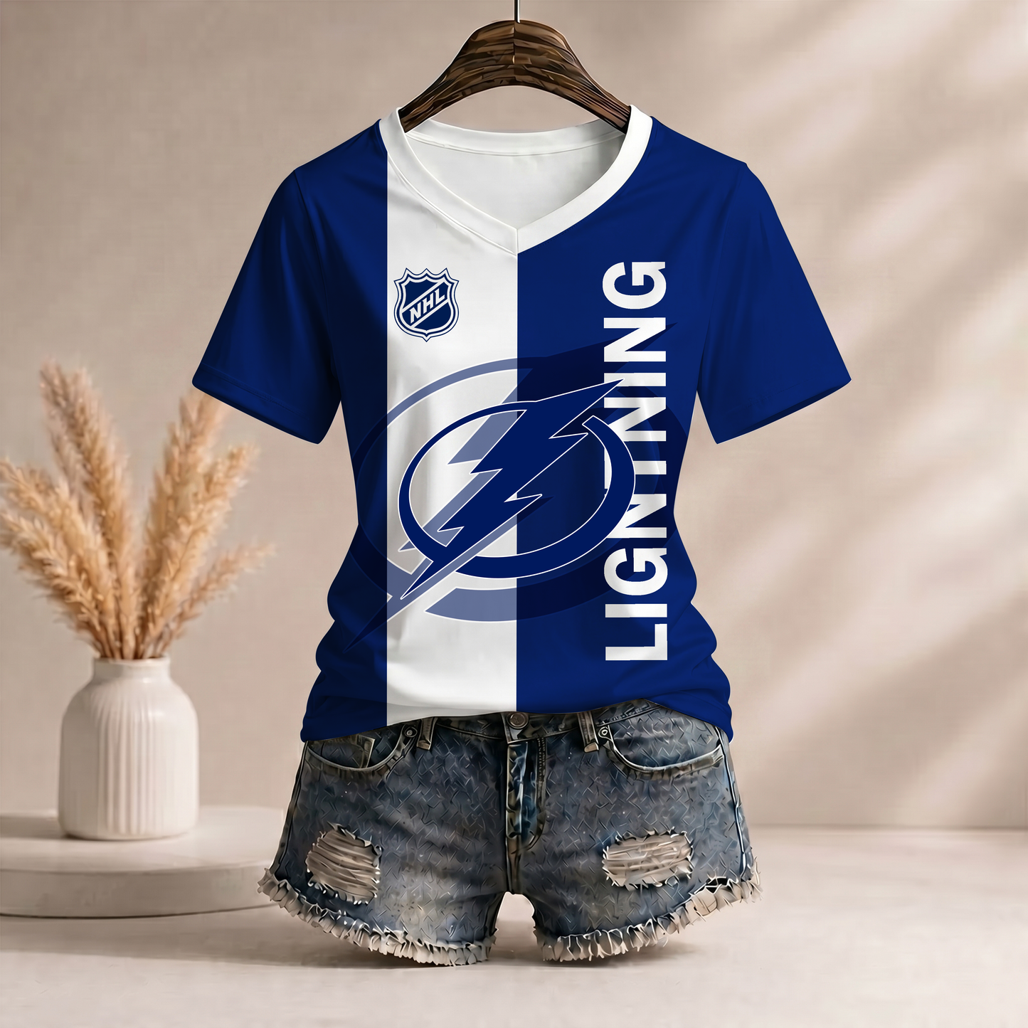PREMIUM NHL X TBL WomenŸ??s Casual Loose Stripe V-Neck T-Shirt NDT VHM 290526