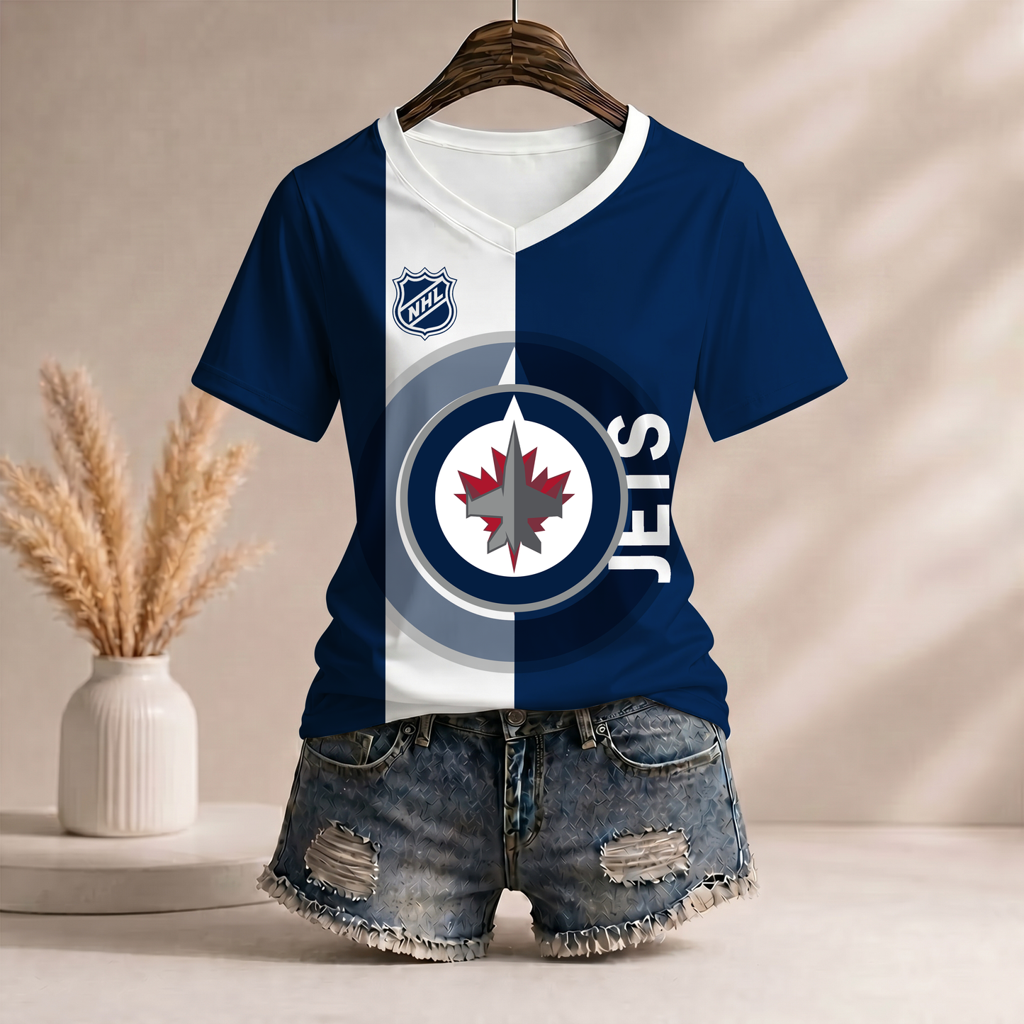 PREMIUM NHL X WJ WomenŸ??s Casual Loose Stripe V-Neck T-Shirt NDT VHM 290526