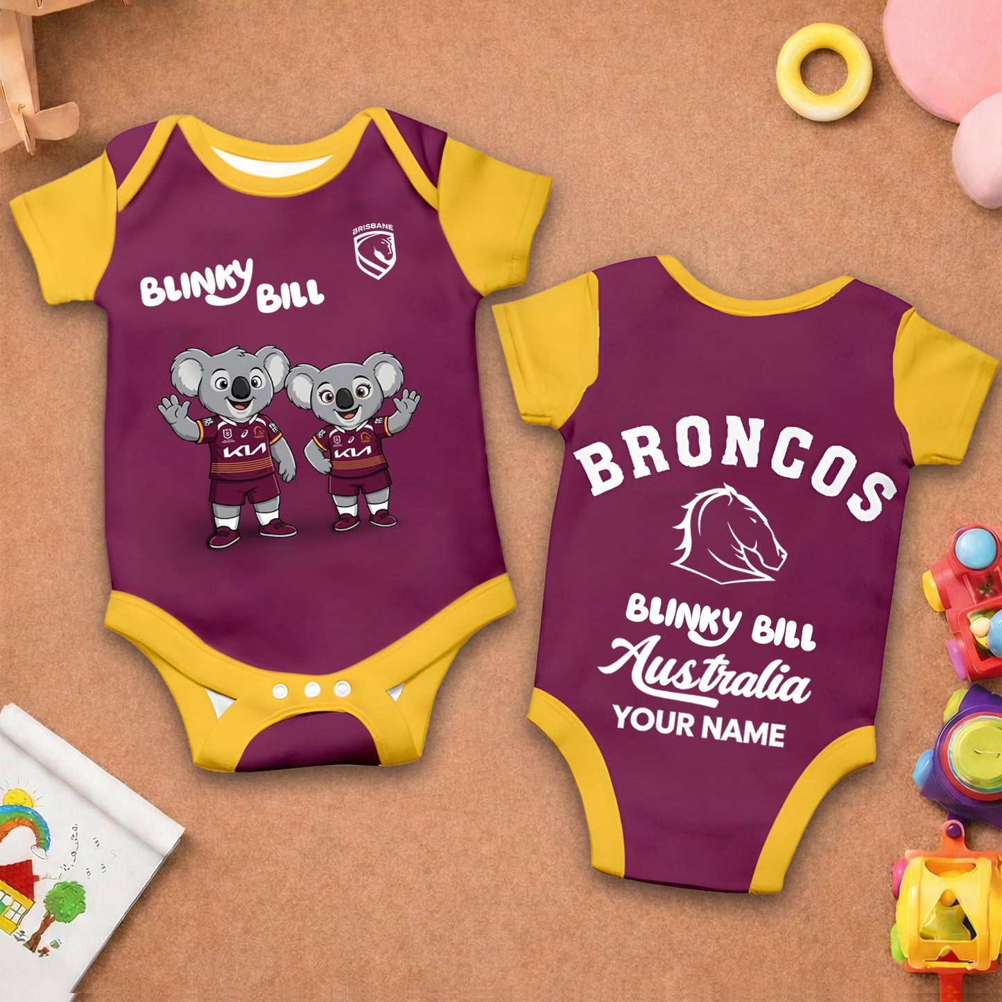 PREMIUM NRL X BB BLINKY BILL Baby Romper Custom Name For Kids NDT LVH 130426 1