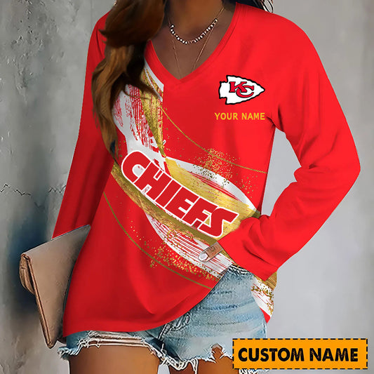 PREMIUM NFL X KCC Womenƒ??s V-Neck Long-Sleeved Shirt - Custom Name Gifts For Fans NDT NHM 240226