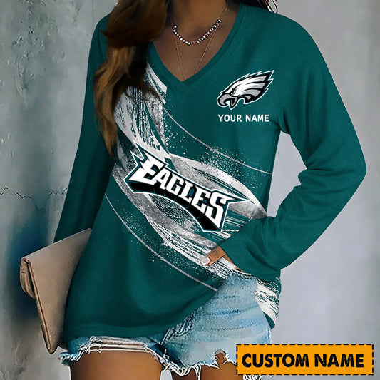 PREMIUM NFL X PHI Womenƒ??s V-Neck Long-Sleeved Shirt - Custom Name Gifts For Fans NDT NHM 240226