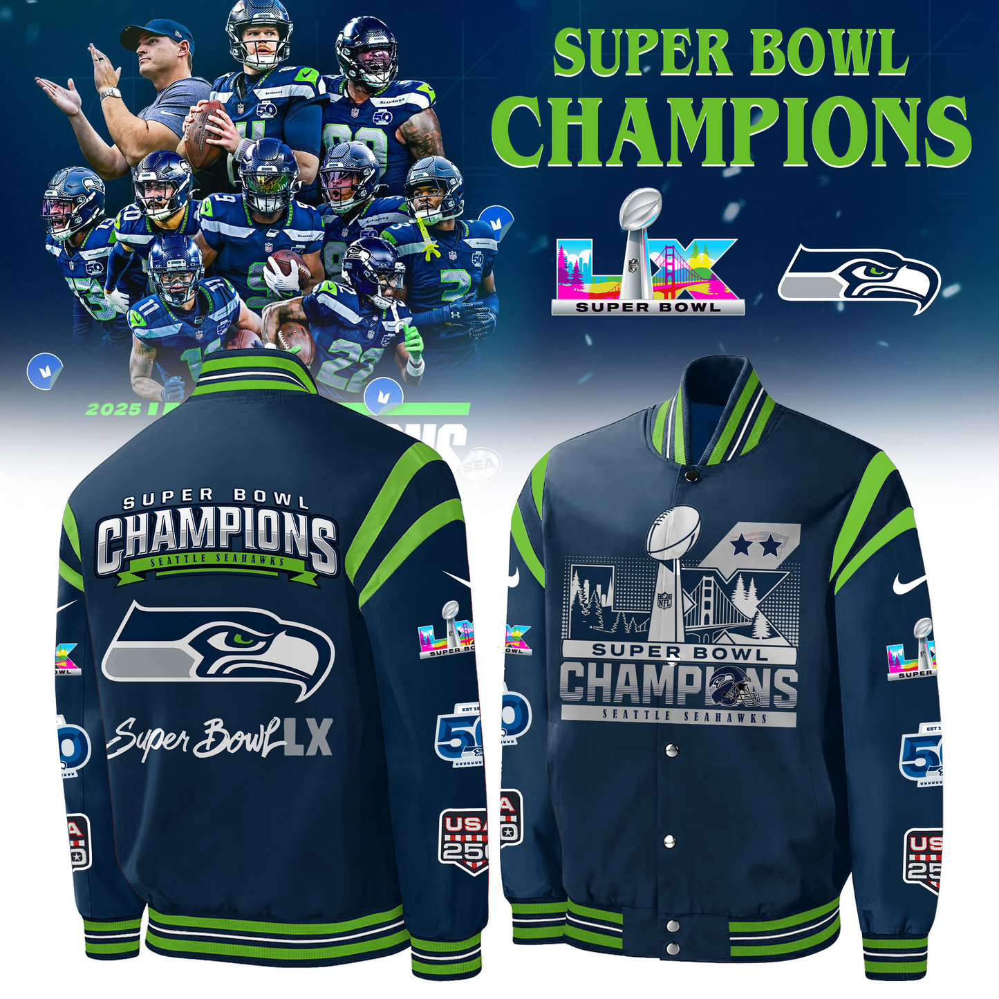 PREMIUM NFL X SEA CHAMPION SUPER BOWL Baseball Jacket  V2  NDT NHM 090226