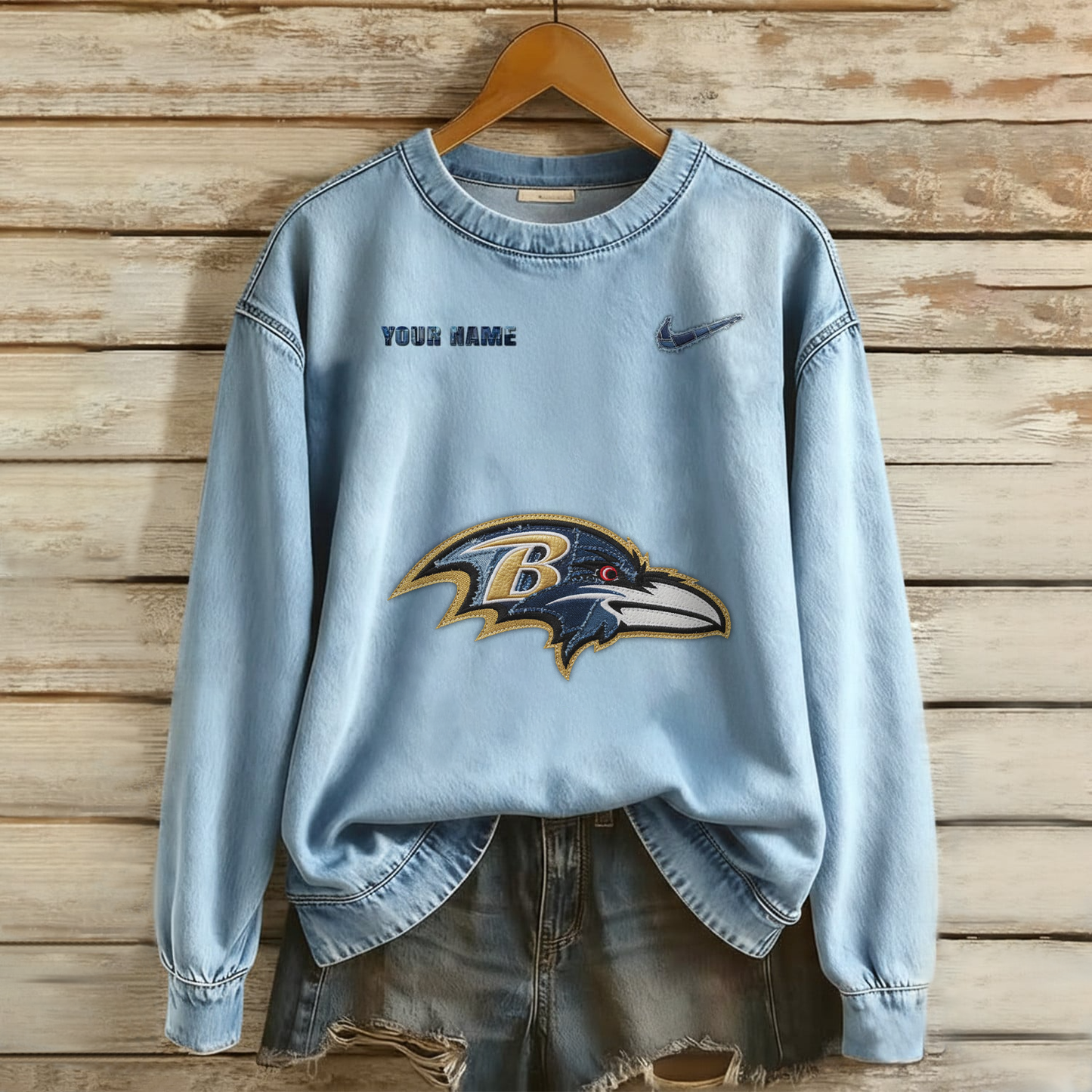 Personalized BR x NFL Denim Patchwork Art Sweater DDT NTL