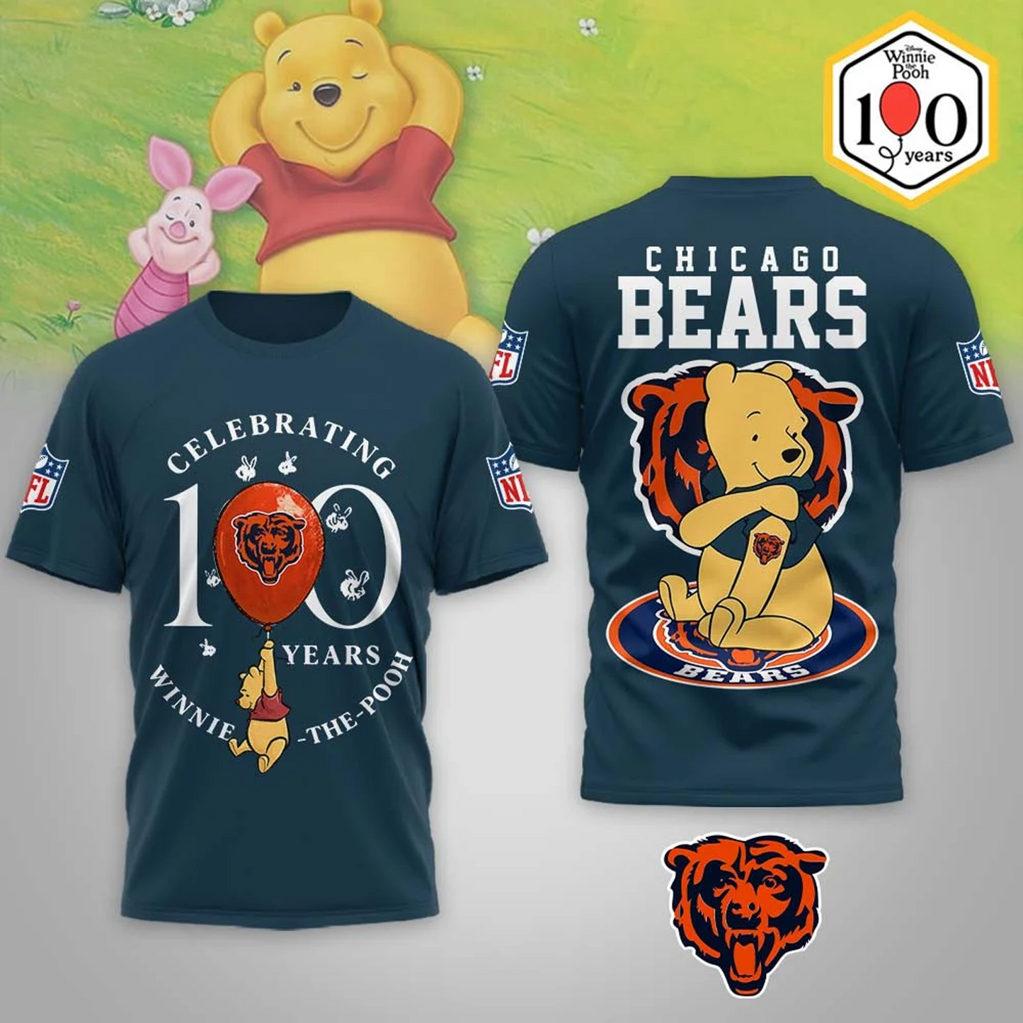 Premium NFL x CHI Winnie The Pooh 100th Anniversary 3D Shirt DATND TANTD