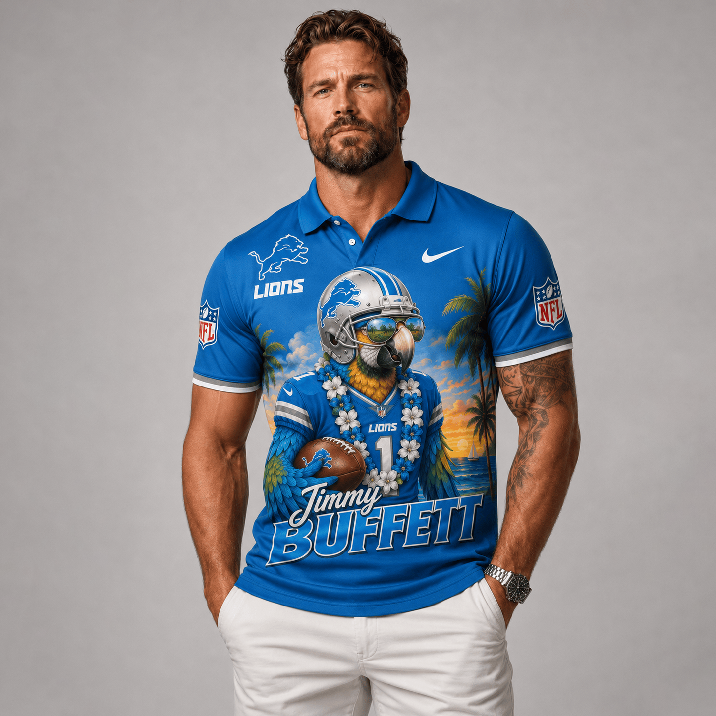 Premium NFL x DET Tropical Parrot Performance Polo Shirt 180626