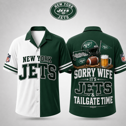 Premium NFL x NYJ Funny Football Fan Hawaiian Shirt Sorry Wife It's Tailgate Time Button 300626