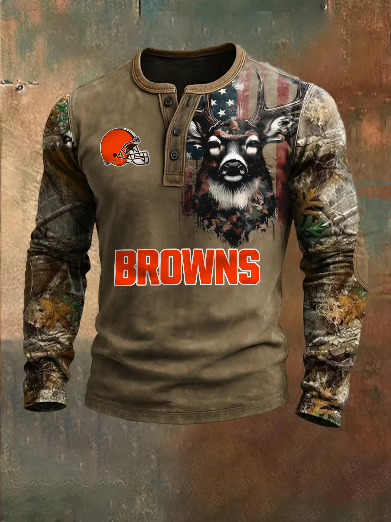 Premium NFL X CLE Retro Western Deer Henley Long Sleeve Shirt NDT NHM 311225
