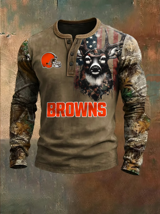Premium NFL X CLE Retro Western Deer Henley Long Sleeve Shirt NDT NHM 311225