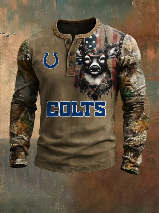 Premium NFL X IND Retro Western Deer Henley Long Sleeve Shirt NDT NHM 311225