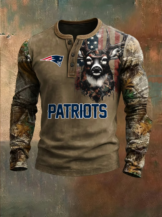 Premium NFL X NE Retro Western Deer Henley Long Sleeve Shirt NDT NHM 311225