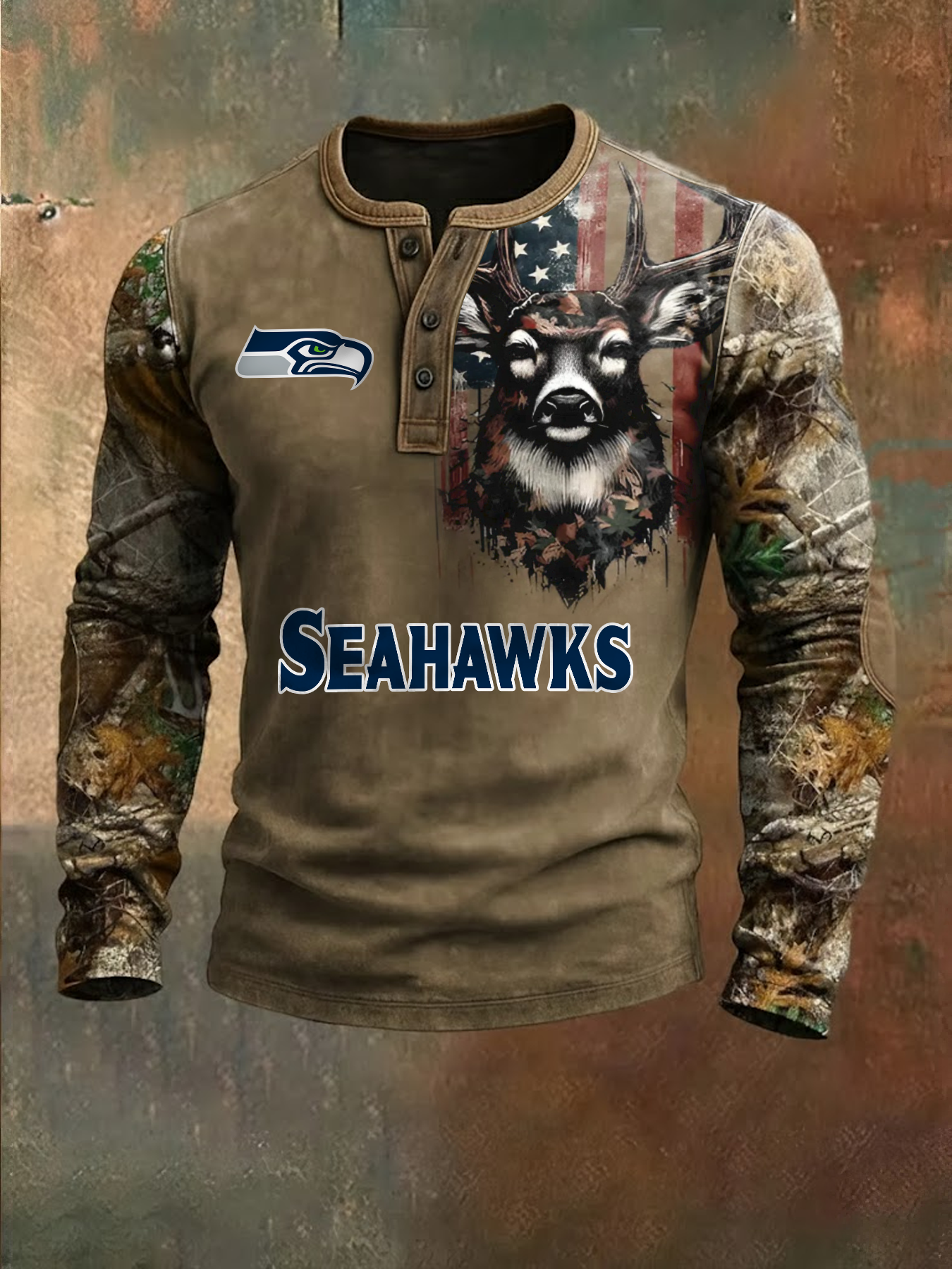 Premium NFL X SEA Retro Western Deer Henley Long Sleeve Shirt NDT NHM 311225
