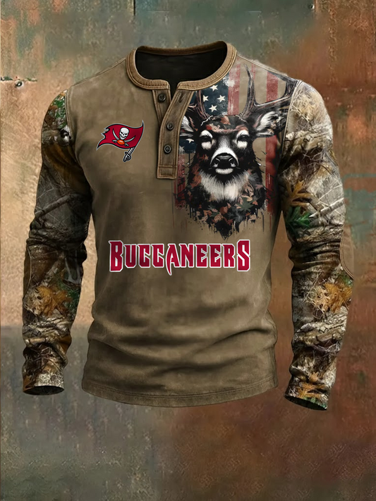Premium NFL X TB Retro Western Deer Henley Long Sleeve Shirt NDT NHM 311225