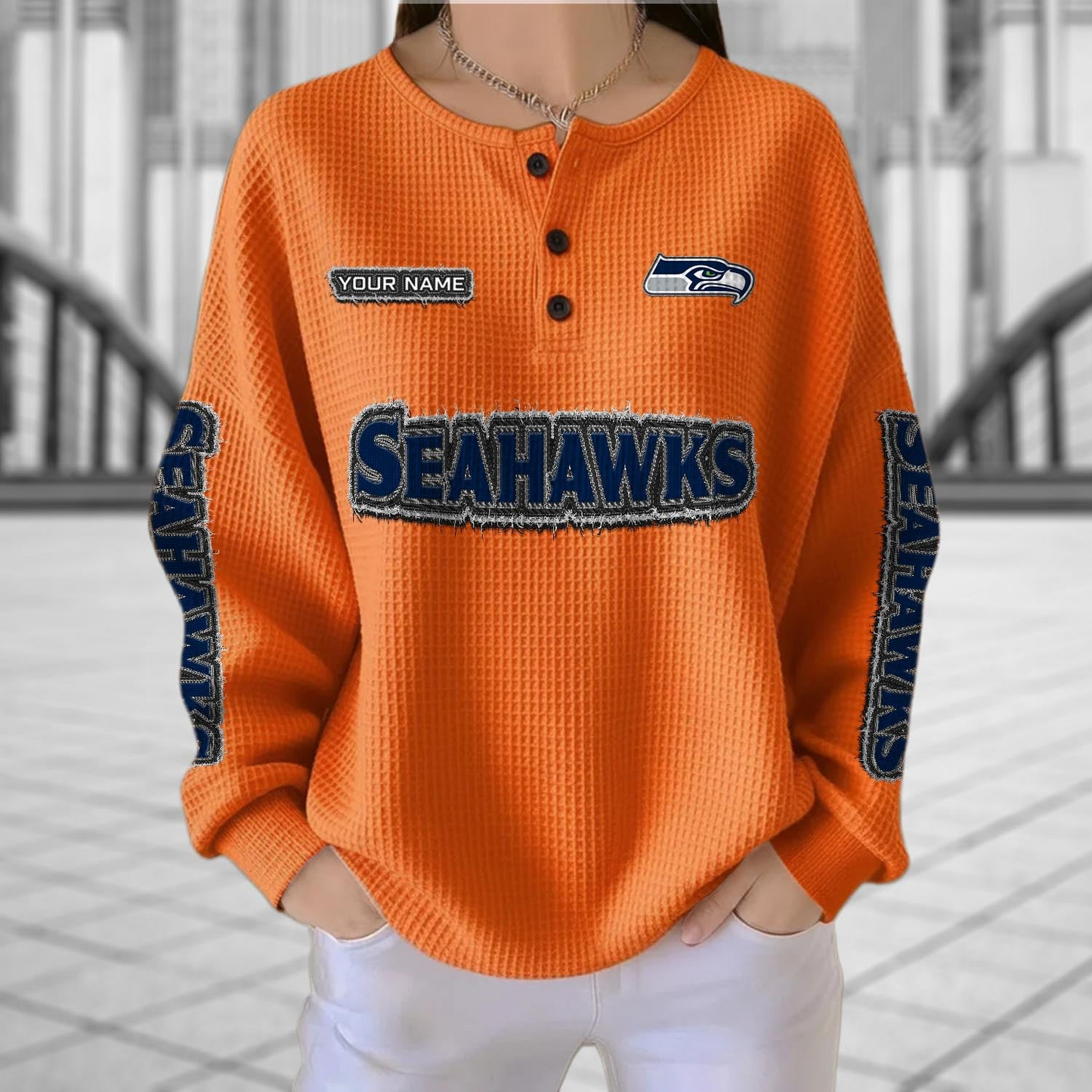 SEA x NFL Personalized Waffle Knit Henley Sweatshirt 2005 DatND DVT