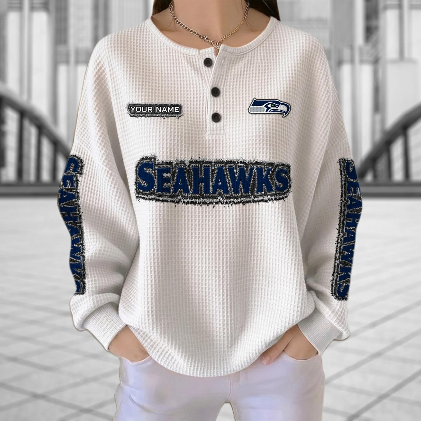 SEA x NFL Personalized Waffle Knit Henley Sweatshirt 2005 DatND DVT