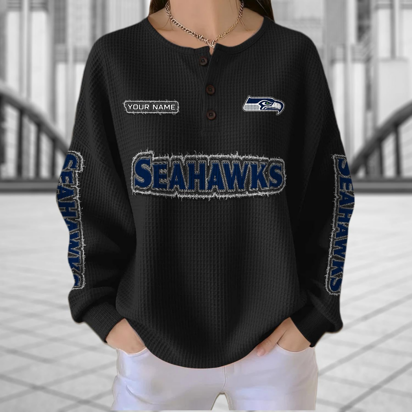 SEA x NFL Personalized Waffle Knit Henley Sweatshirt 2005 DatND DVT