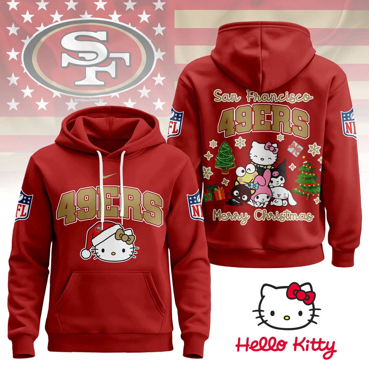 SF49 Premium NFL Hello Kitty Christmas 3D Hoodie DDT CTND