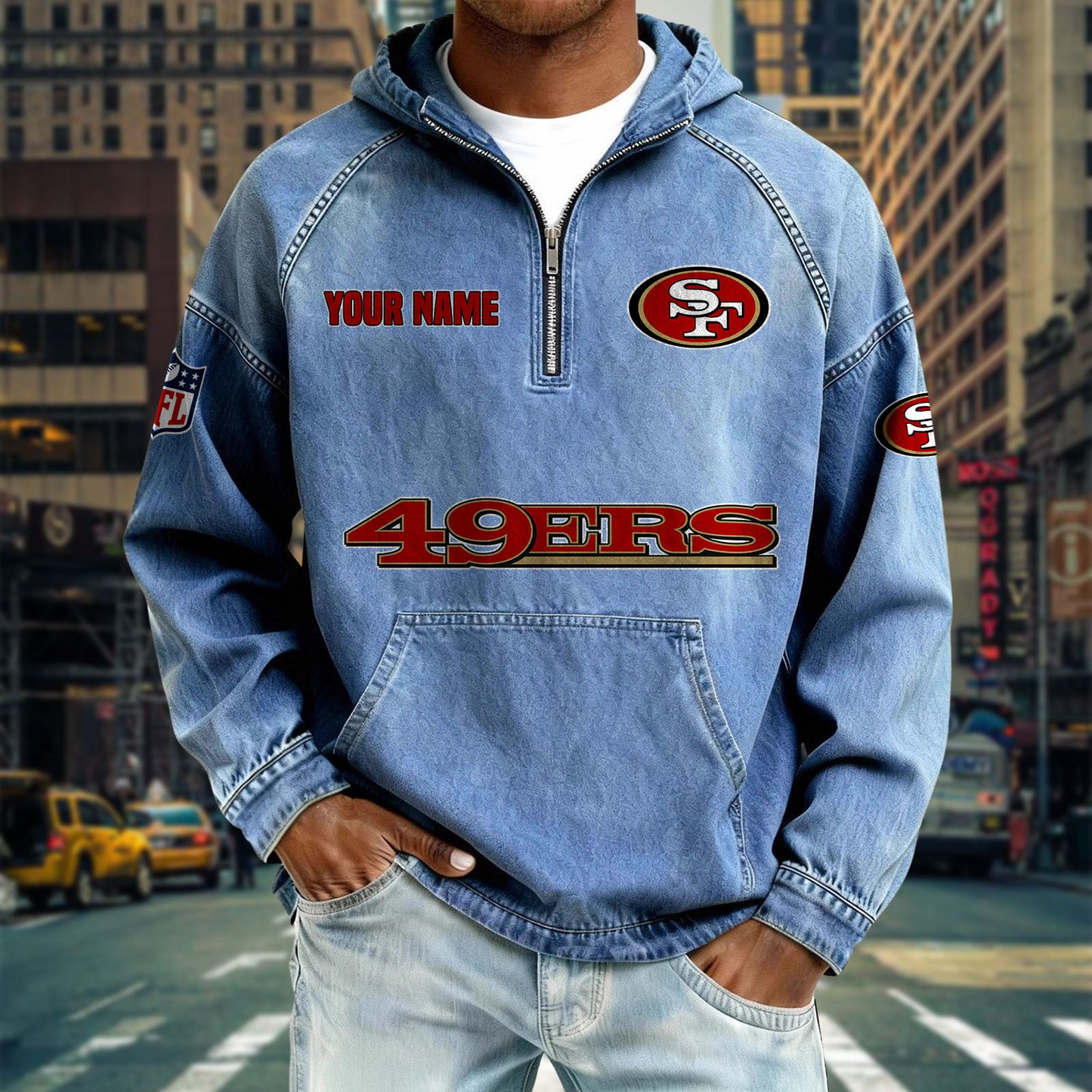 SF49 x NFL Denim Long - Sleeved Hooded Sweatshirt DDT NTL