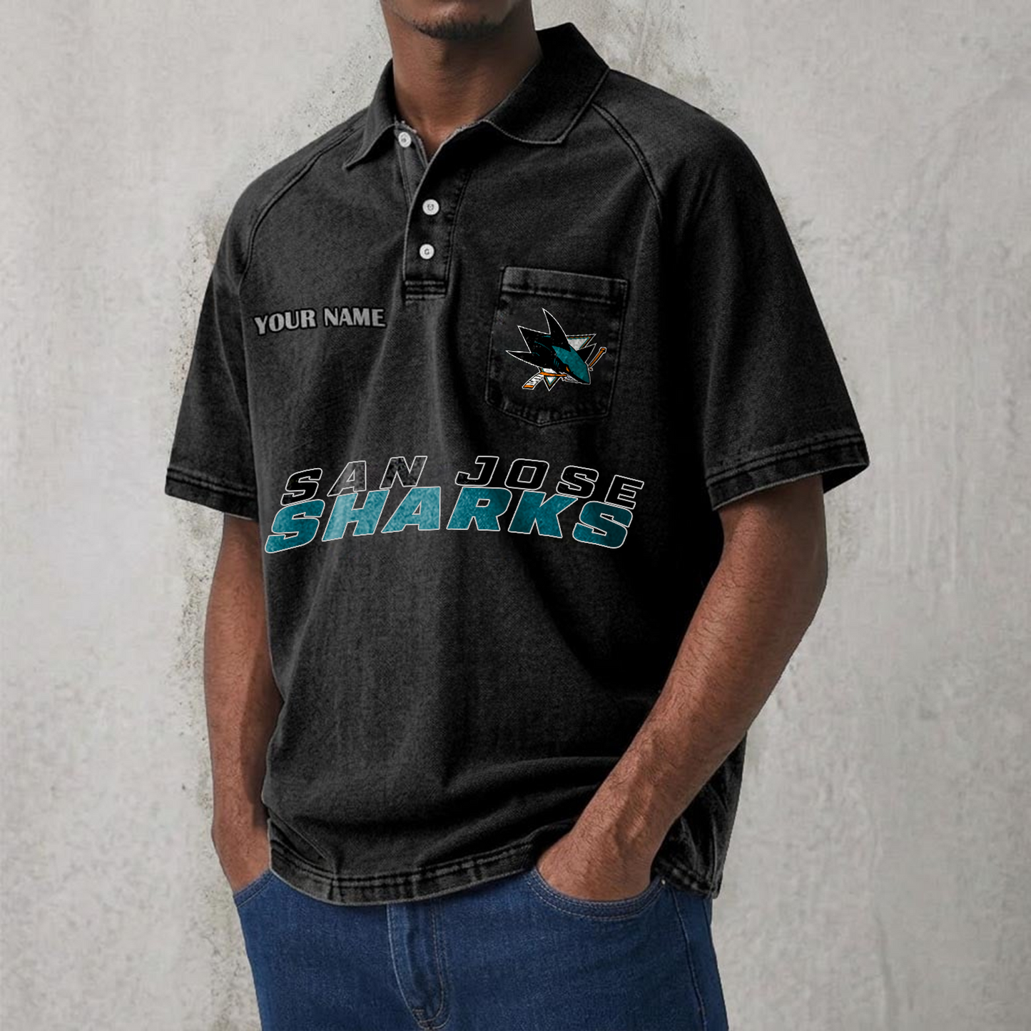 SJS x NHL Men's Distressed Turn-Down Collar Polo DATND TANTD 250526