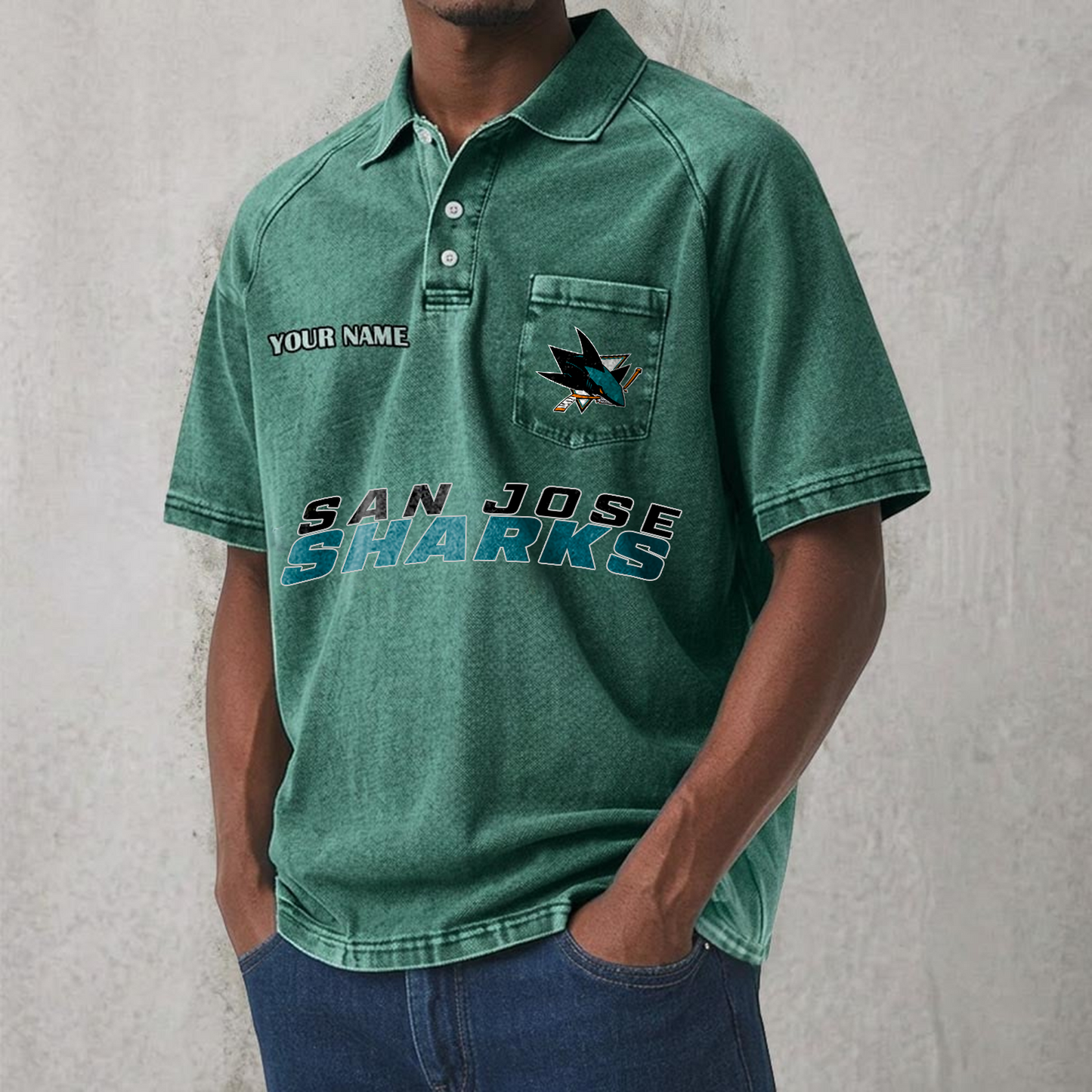 SJS x NHL Men's Distressed Turn-Down Collar Polo DATND TANTD 250526