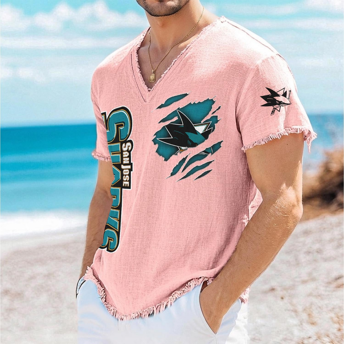 SJS x NHL V-Neck Linen Beach Shirt 1905 DatND DVT