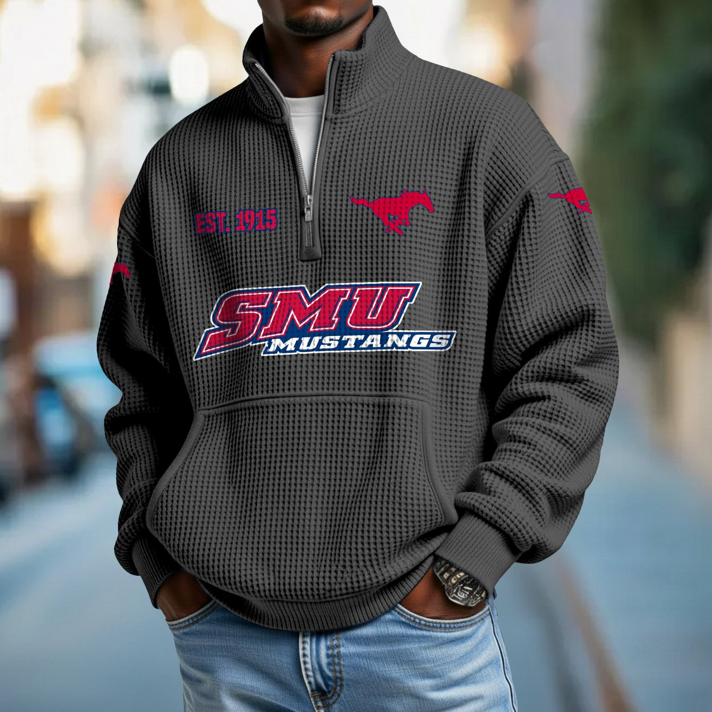 SMU x College Football - Waffle Stand Collar Half Zip Sweatshirt DatND DVT