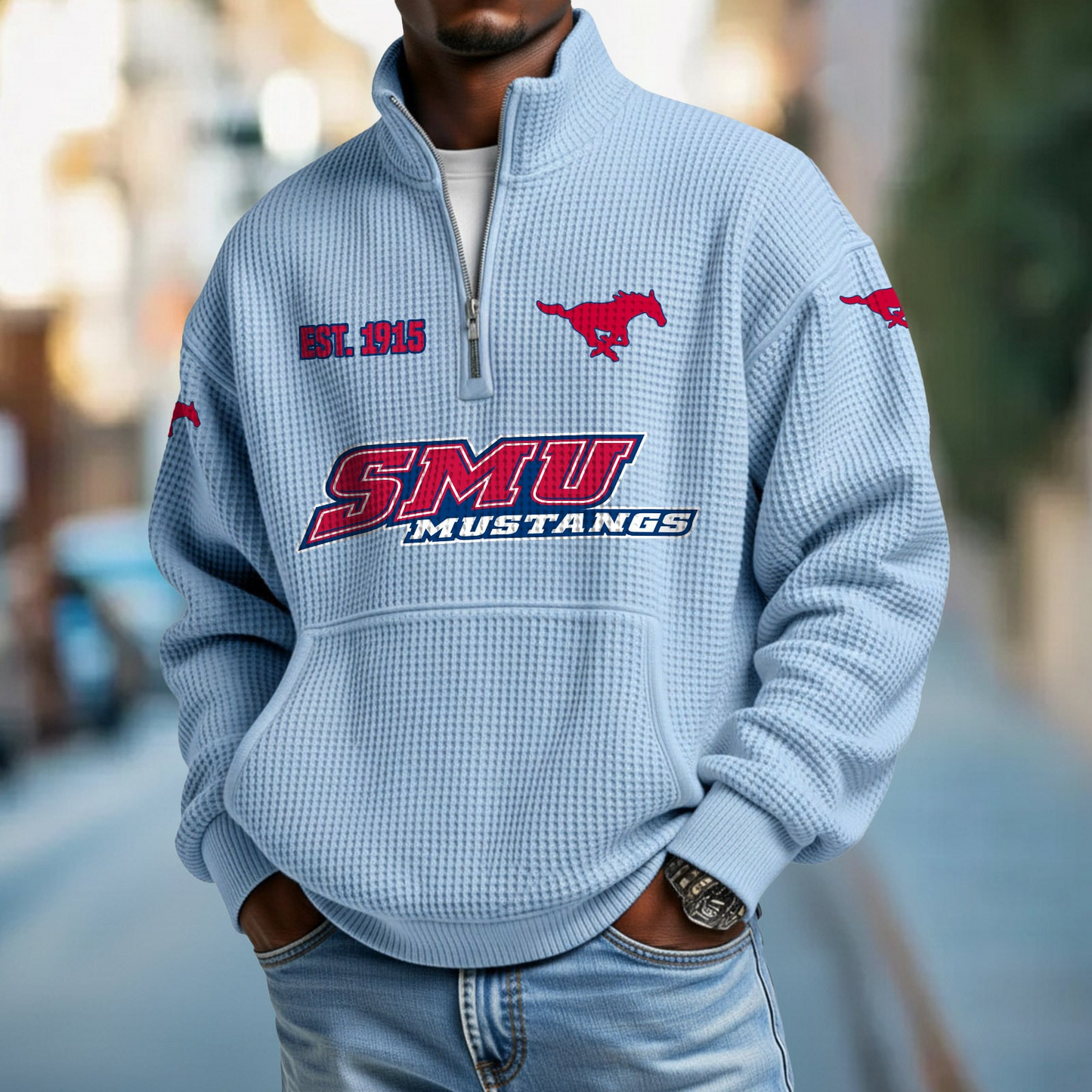 SMU x College Football - Waffle Stand Collar Half Zip Sweatshirt DatND DVT