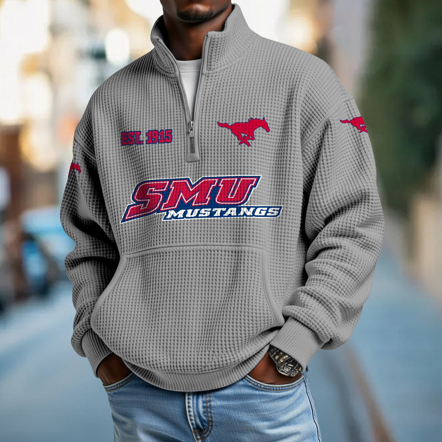 SMU x College Football - Waffle Stand Collar Half Zip Sweatshirt DatND DVT