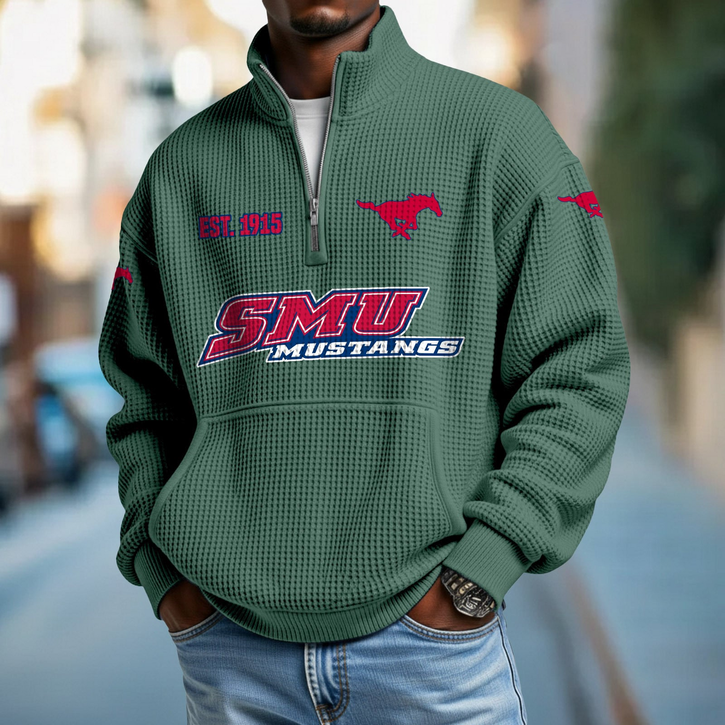SMU x College Football - Waffle Stand Collar Half Zip Sweatshirt DatND DVT