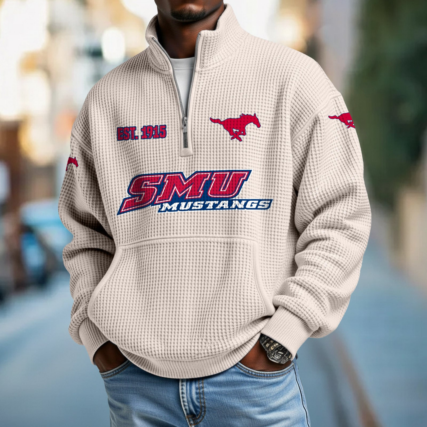 SMU x College Football - Waffle Stand Collar Half Zip Sweatshirt DatND DVT