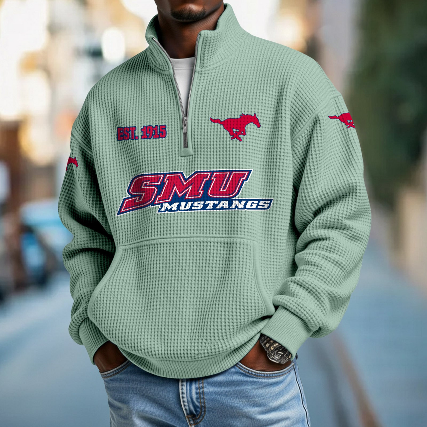 SMU x College Football - Waffle Stand Collar Half Zip Sweatshirt DatND DVT
