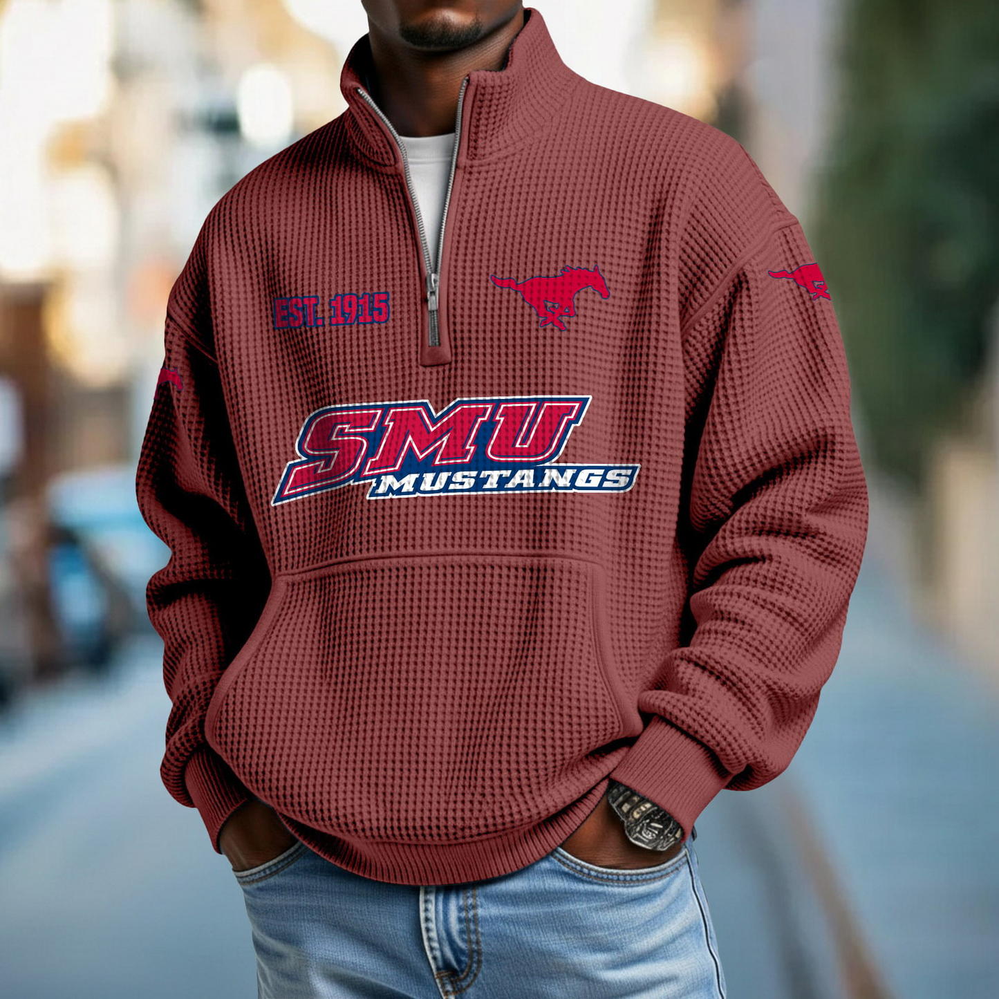 SMU x College Football - Waffle Stand Collar Half Zip Sweatshirt DatND DVT